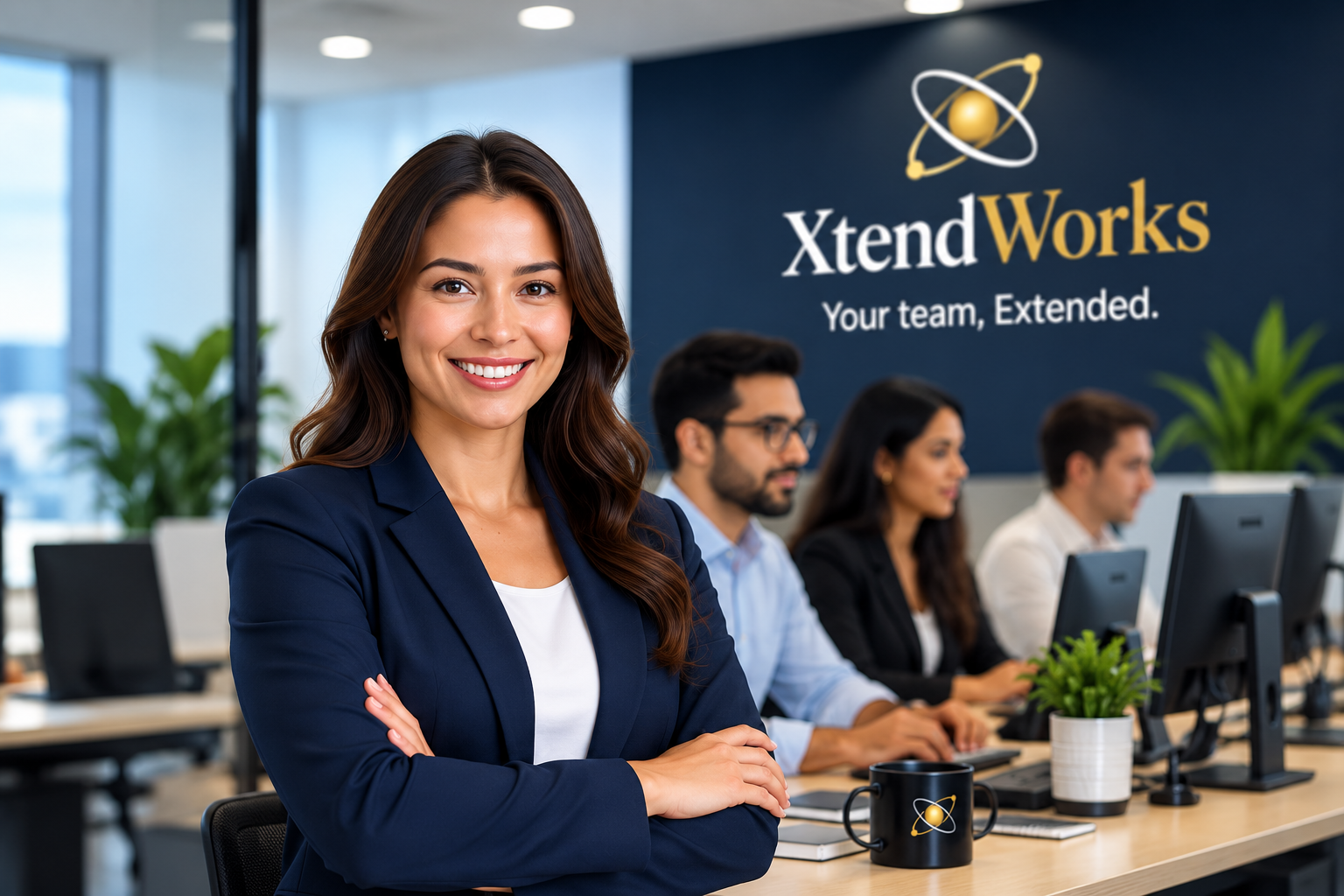 An XtendWorks team member smiling at the front of the office, with colleagues working behind her under the XtendWorks logo